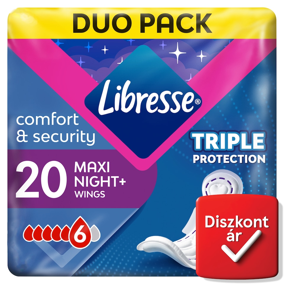 Libresse Maxi Night+ Comfort & Security egészségügyi betét éjszakai használatra 2 x 10 db  1. kép