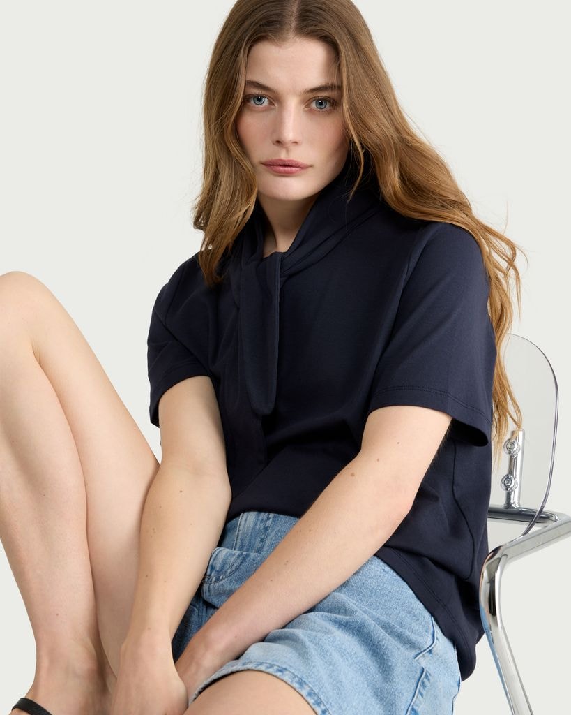 The F&F Edit Pure Cotton Tie Neck T-Shirt in Navy