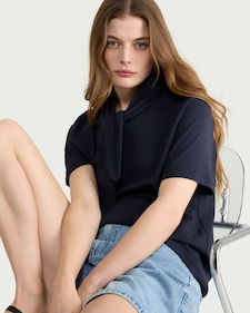 The F&F Edit Pure Cotton Tie Neck T-Shirt in Navy