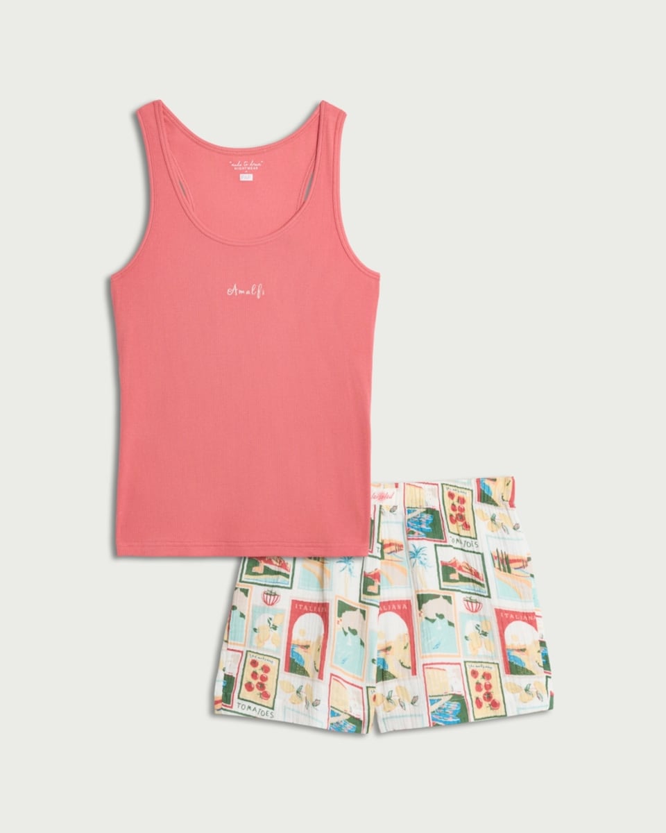 image 1 of F&F Cotton Rich Amalfi Print Short Pyjama Set in Multi Pink