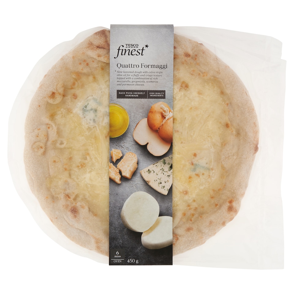 Tesco Finest Quattro Formaggi pizza so smotanovým základom a syrmi 450 g