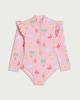 image 1 of F&F Girls Flamingo Print Long Sleeved Swimsuit in Pink