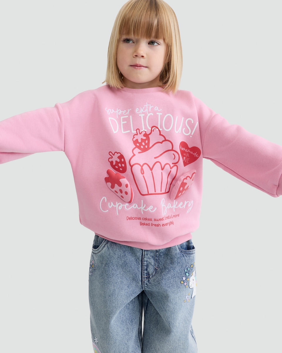 image 1 of F&F Girls Cotton Rich Cupcake Bakery Print Sweatshirt in Pink
