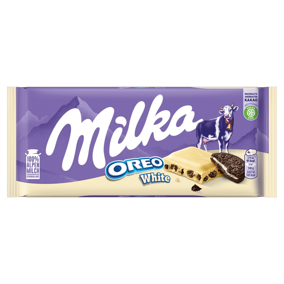 image 1 of Milka Oreo White Chocolate with Vanilla Flavoured Milky Cream Filling and Cocoa Biscuits 100 g
