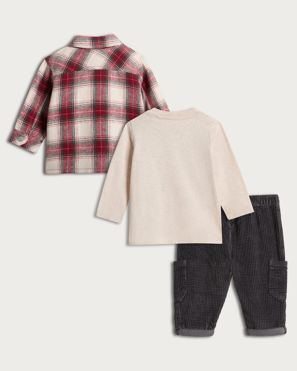 image 1 of F&F Baby 3-Piece Check Shacket, Top and Corduroy Trousers Set in Red