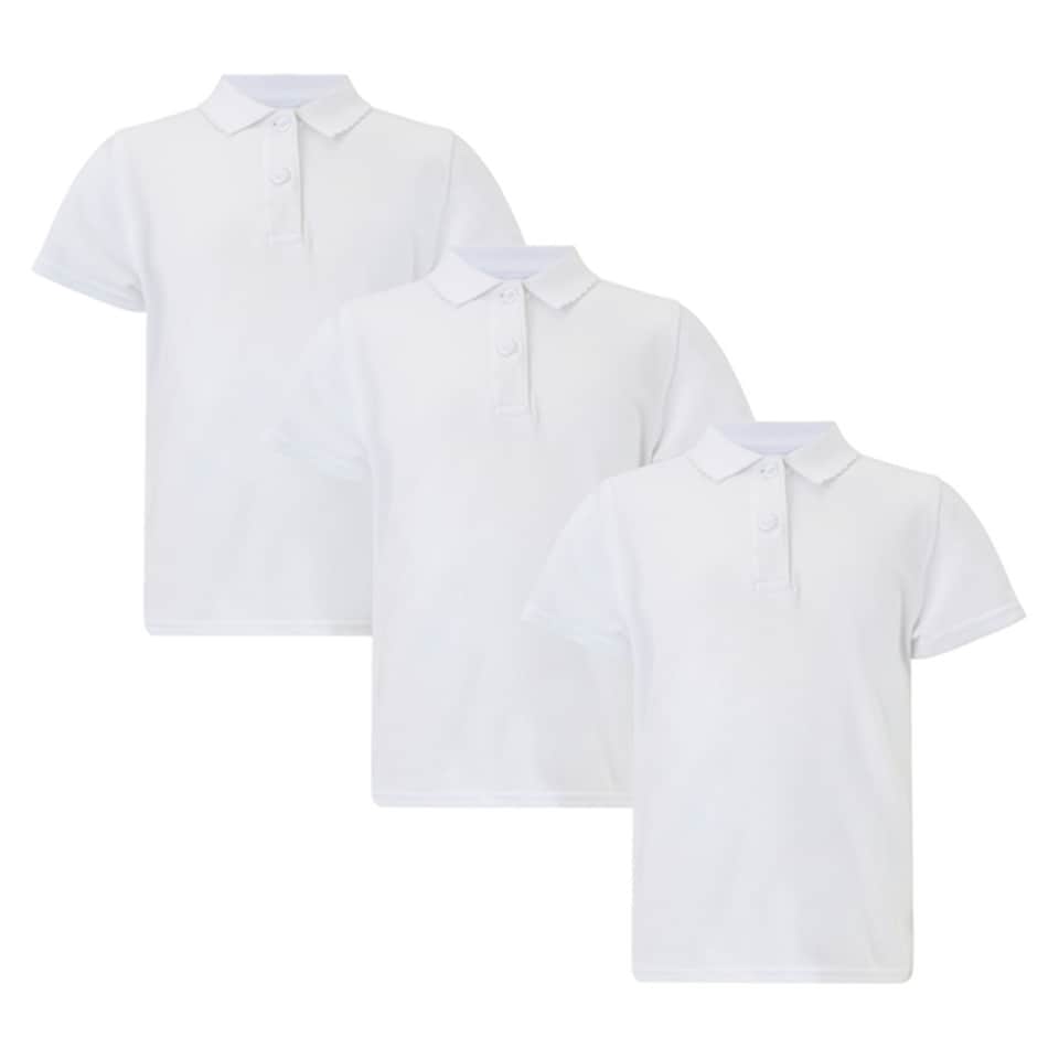 F&F School Girls 3-Pack Pure Cotton Regular Fit Short Sleeved Polo Shirts in White