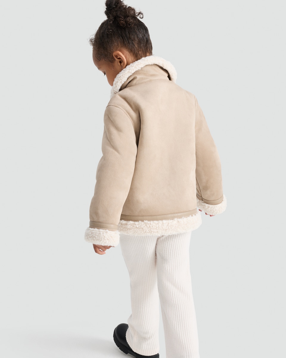 image 1 of F&F Girls Faux Shearling Collar Jacket in Light Nude
