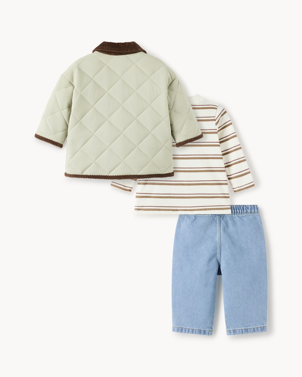 image 1 of F&F Baby Quilted Jacket, Striped T-Shirt and Jeans Set in Green