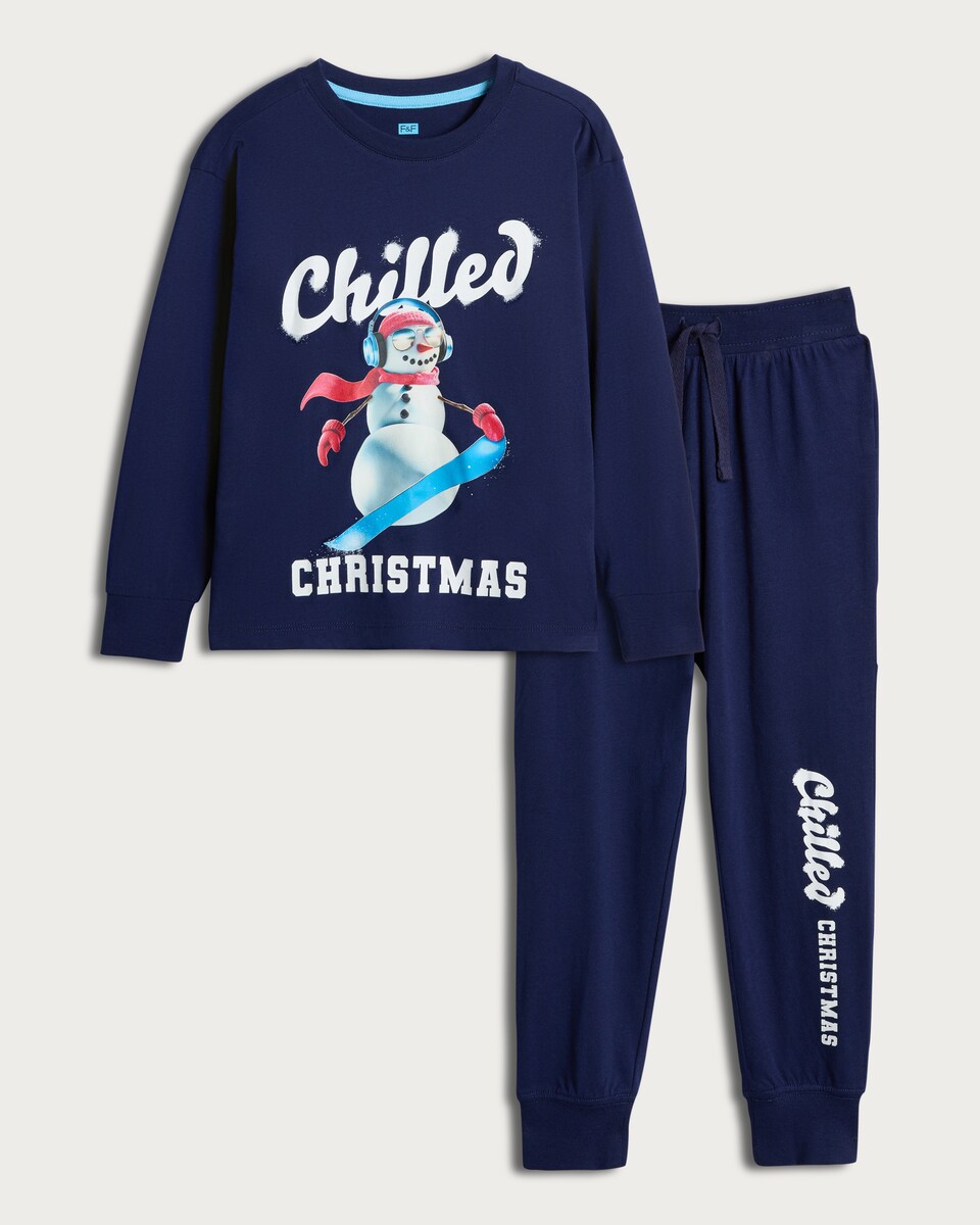 image 1 of F&F Pure Cotton Chilled Christmas Top and Cuffed Joggers Pyjamas in Navy