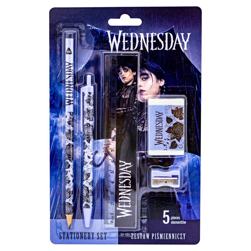 Wednesday Súprava na písanie (pravítko, guma, strúhadlo, guľôčkové pero, ceruzka) 5 ks