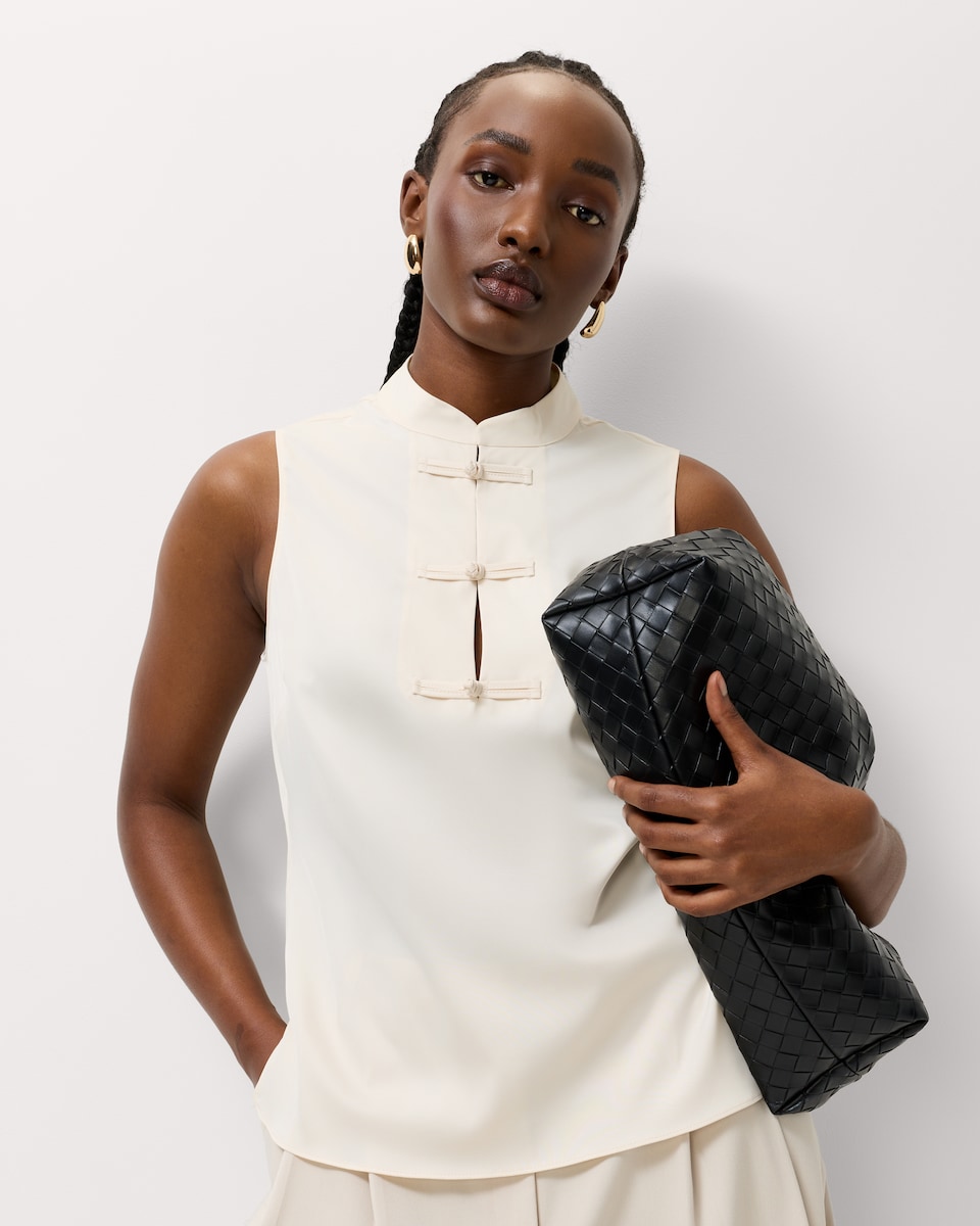 image 1 of F&F Satin Stand Collar Blouse in Cream