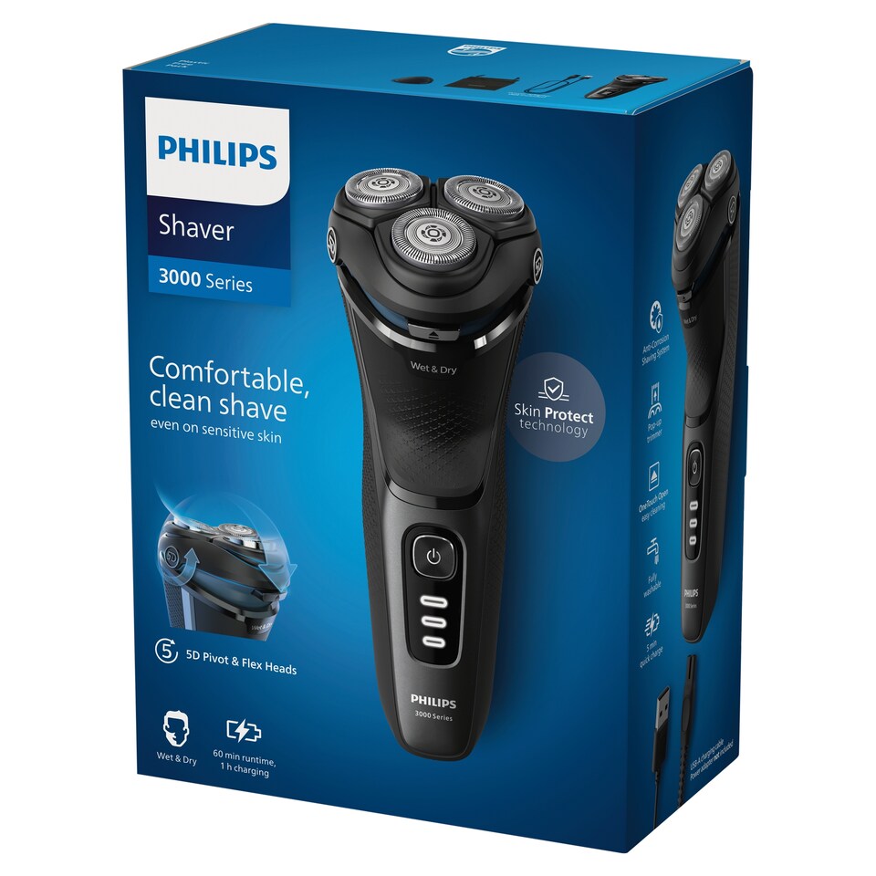 image 1 of Philips Series 3000 Wet & Dry Electric Shaver, 5D Flex head, Popup trimmer & Travel Pouch-S3244/12  