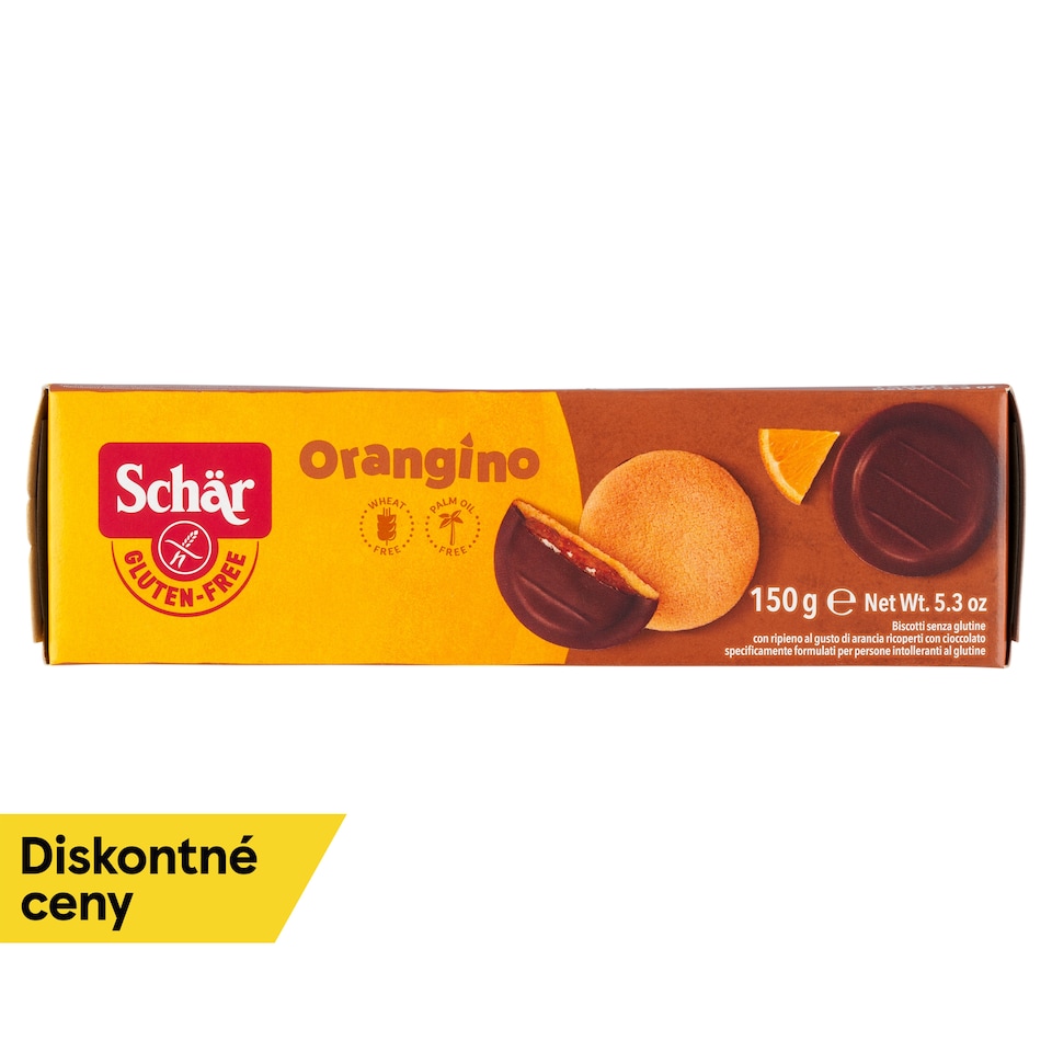 obrázok 1 z Schär Orangino jemné pečivo bezgluténové polomáčané v čokoláde s náplňou s príchuťou pomaranča 150 g