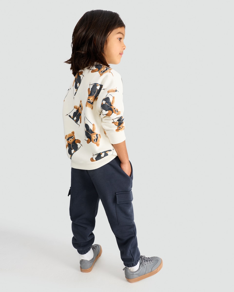 image 1 of F&F Boys 2-Piece Cotton Rich SKiing Bear Sweatshirt and Joggers Set in Cream
