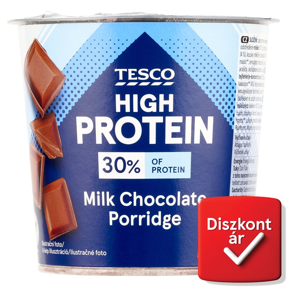 Tesco High Protein instant kakaós zabkása tejcsokoládé-darabokkal 65 g 