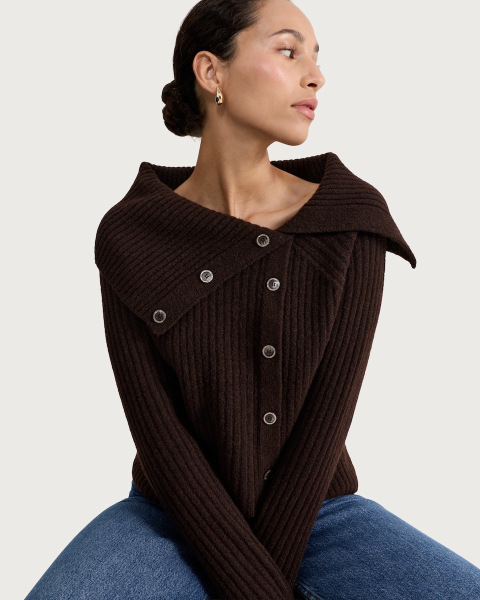 image 1 of F&F Ribbed Button Up Bardot Jumper in Chocolate