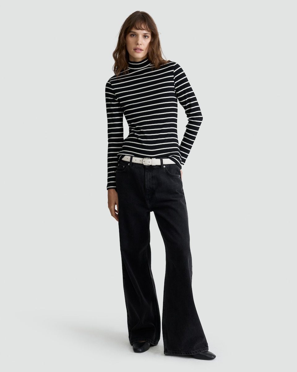image 1 of F&F Cotton Rich Stripe Print High Neck Top in Multi Black White