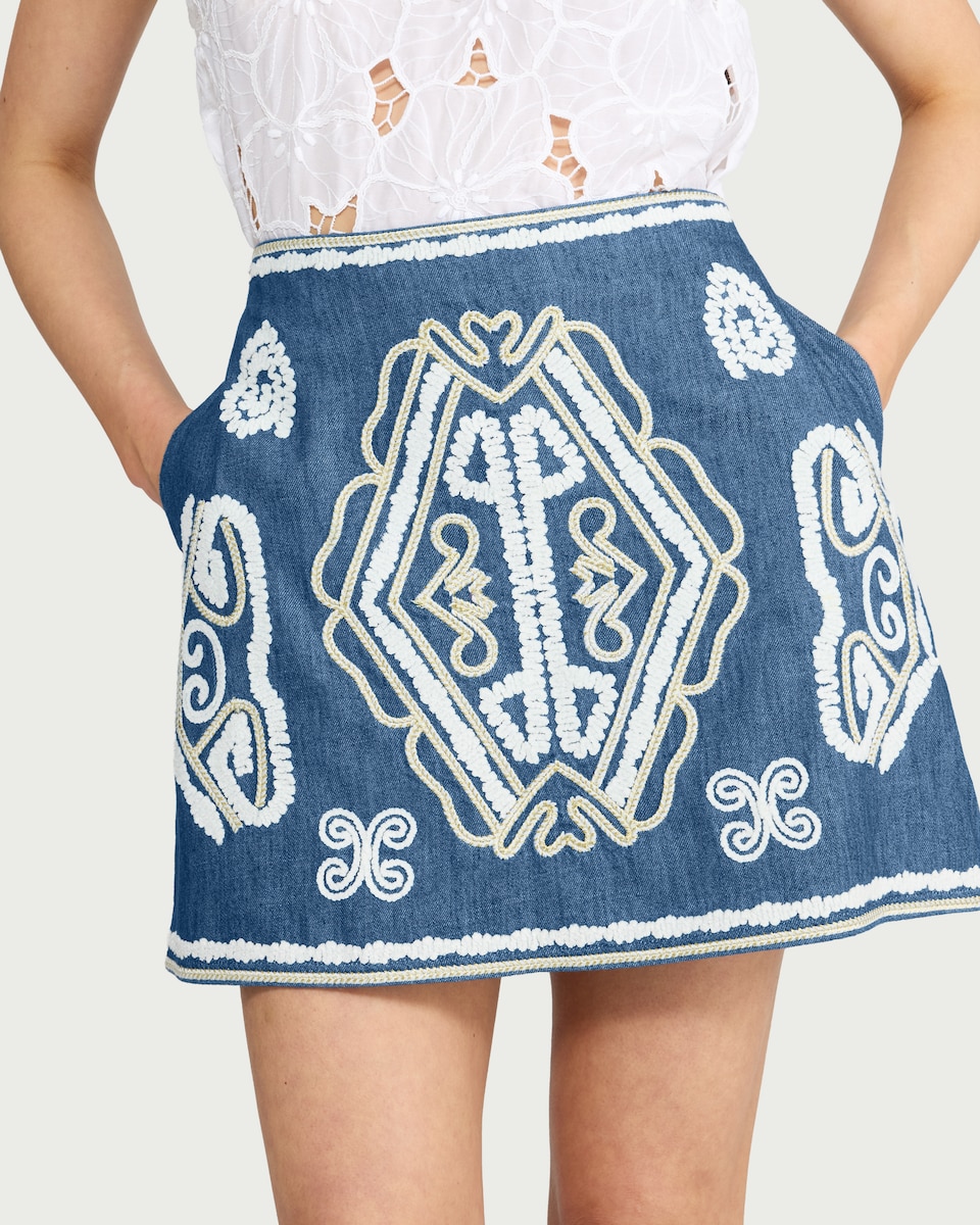 image 1 of F&F Pure Cotton Embroidered Mini Skirt in Blue