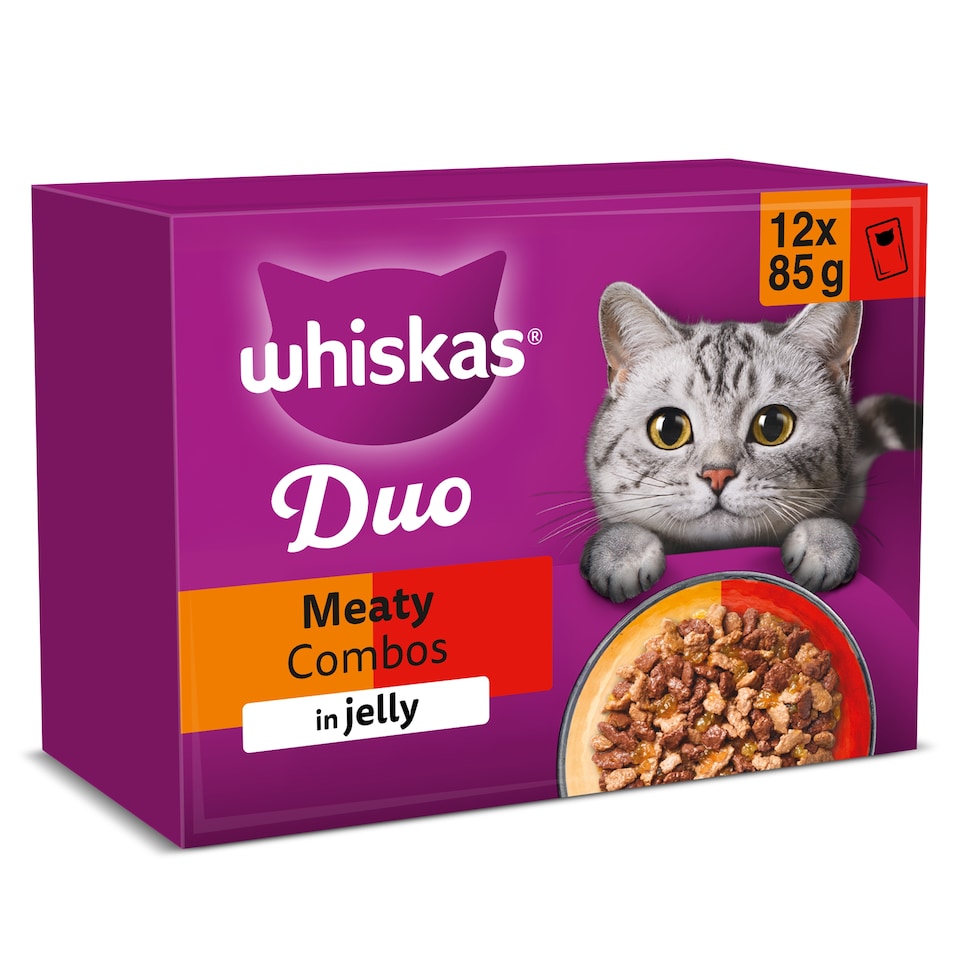 image 1 of Whiskas Duo Meaty Combos Adult Cat Food Pouches in Jelly 12x85g
