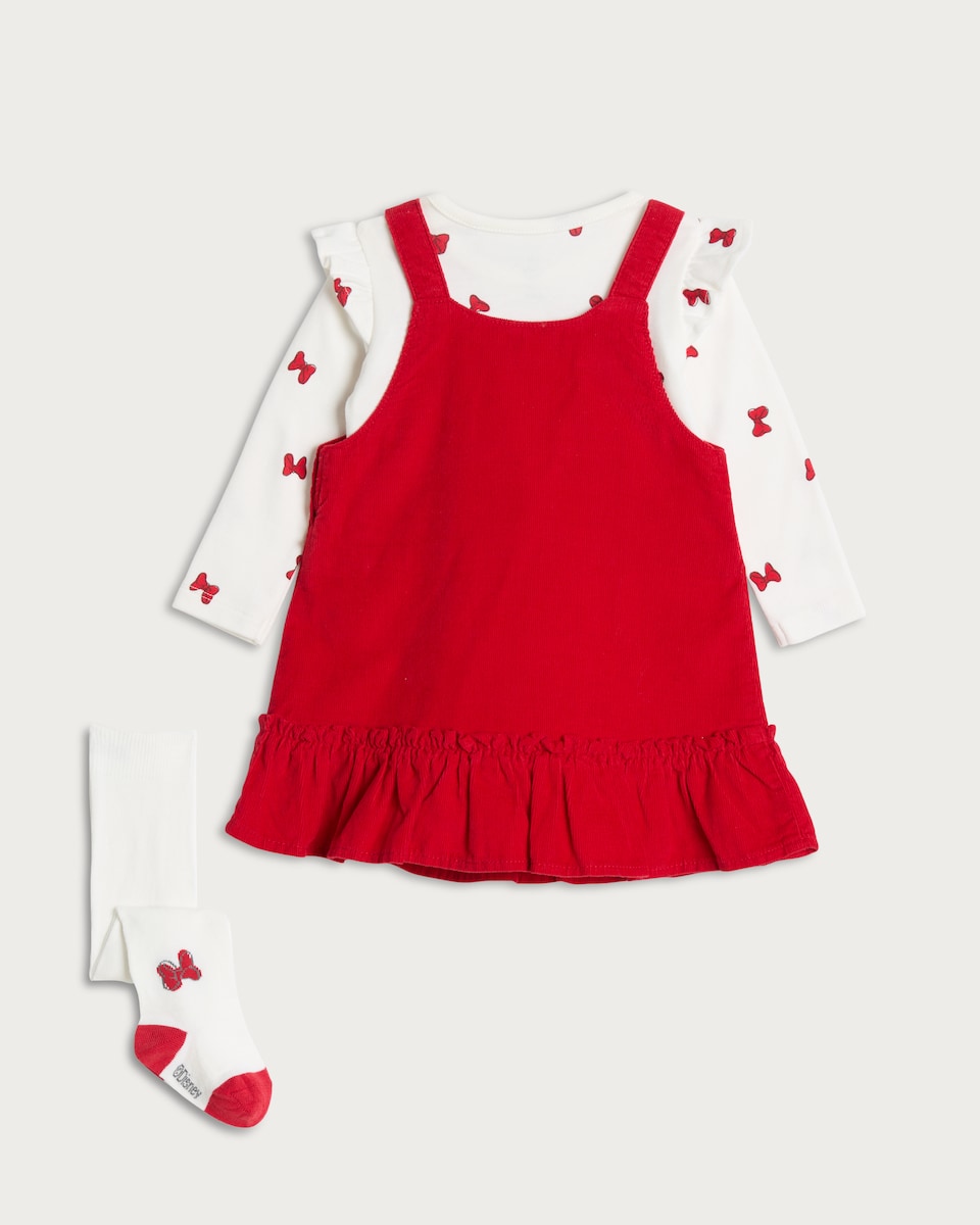 image 1 of Disney Minnie Mouse 3-Piece Pinafore, Bodysuit and Tights Set in Red