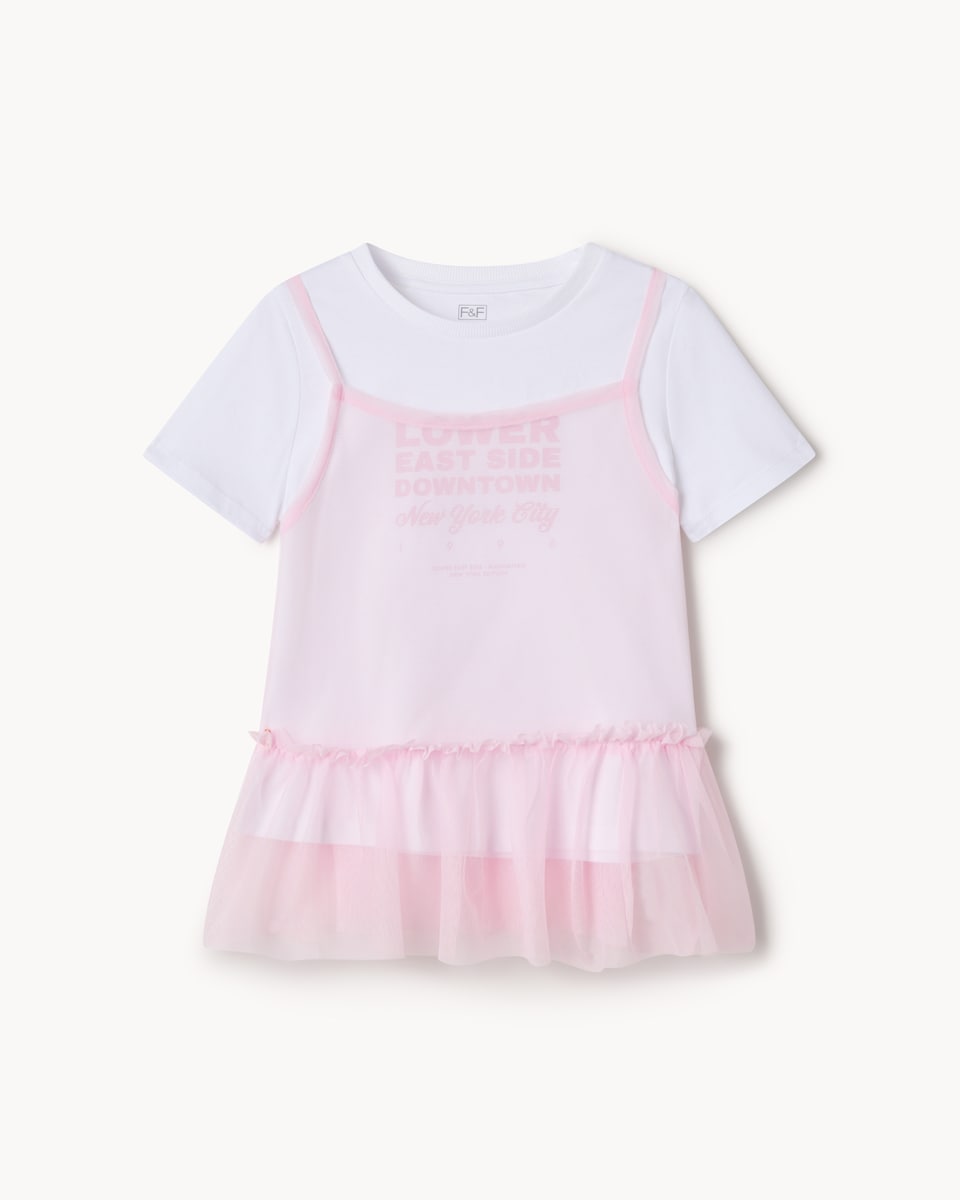 image 1 of F&F Girls Tulle Layered T-Shirt in Multi