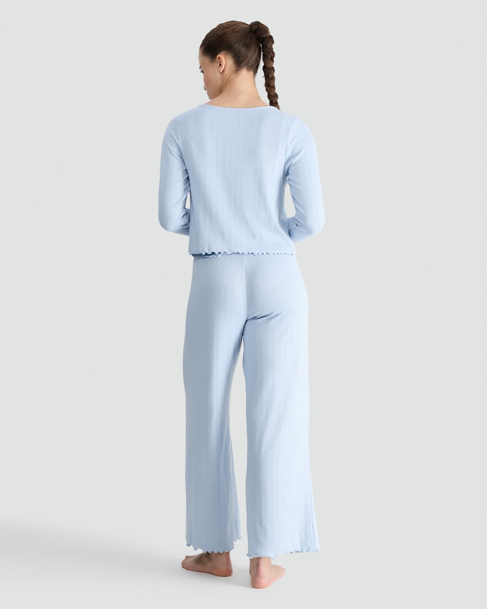image 1 of F&F 3-Piece Ribbed Pointelle Cardigan, Cami and Trousers Pyjamas in Blue