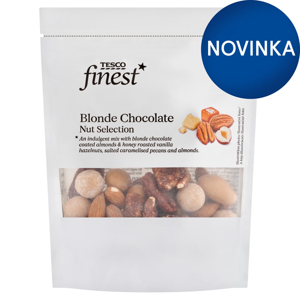 Tesco Finest Zmes solených karamelizovaných jadier v bielej čokoláde s karamelom 150 g