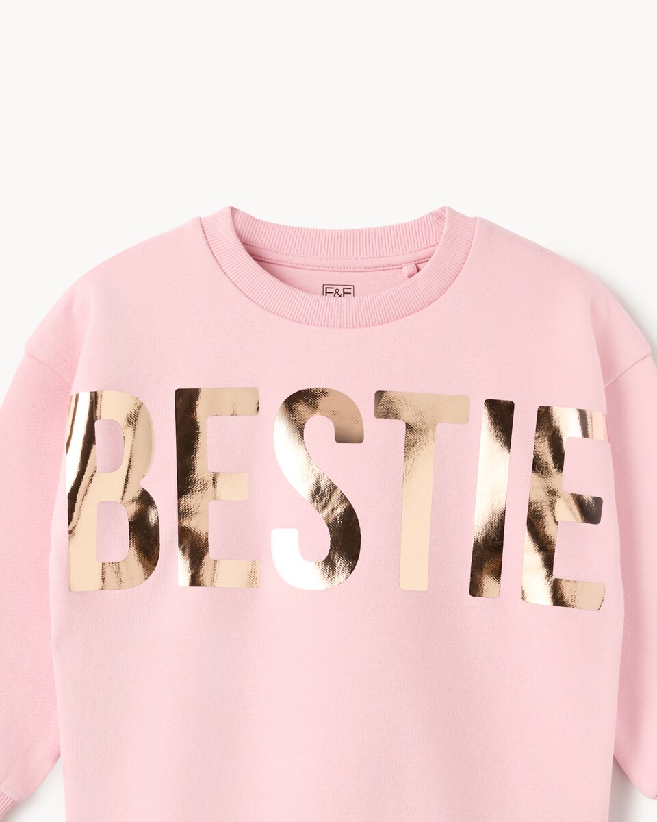 image 1 of F&F Girls Cotton Rich Bestie Sweatshirt in Pink