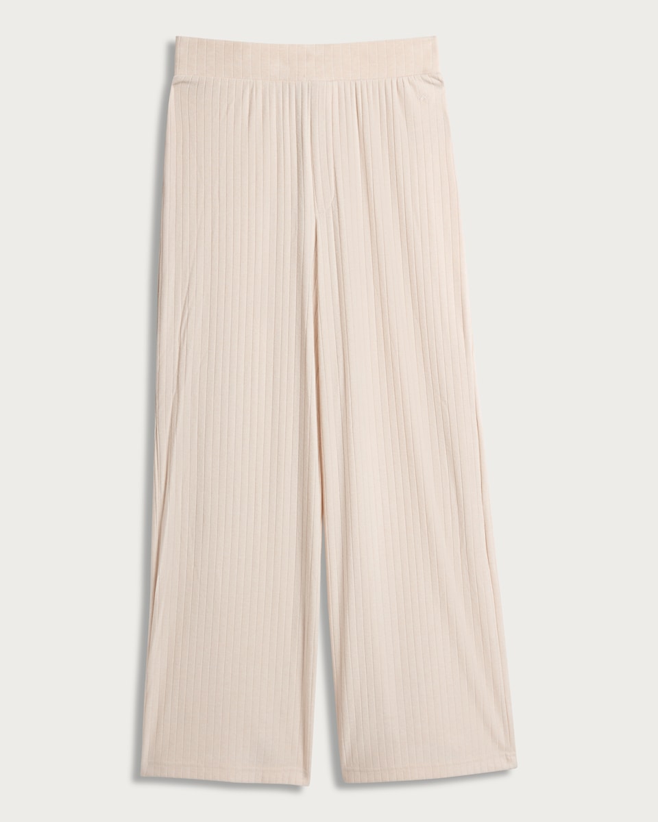 image 1 of Rise by Zara McDermott Ribbed Wide Leg Pyjama Bottoms in Stone