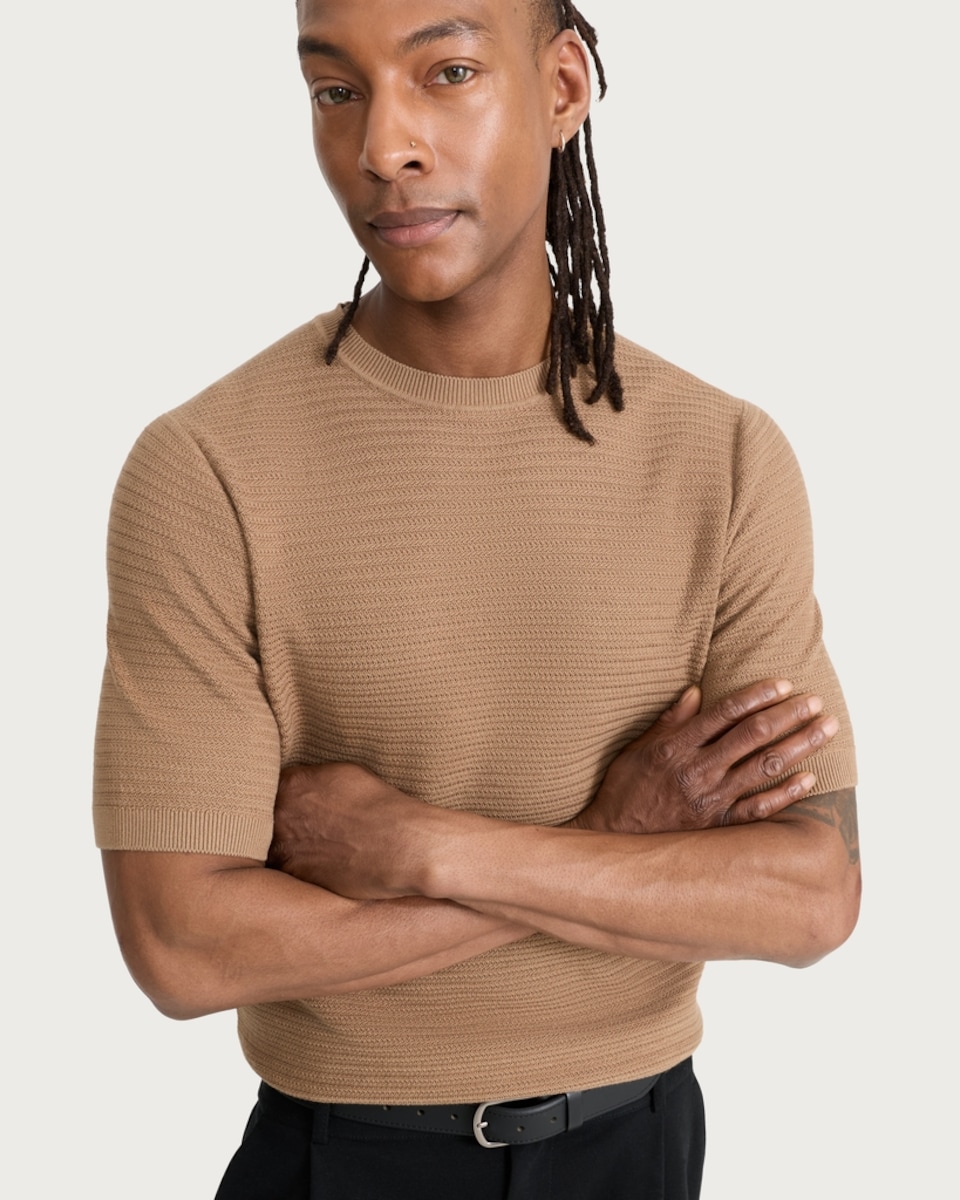 image 1 of The F&F Edit Pure Cotton Textured Knit T-Shirt in Med Nude