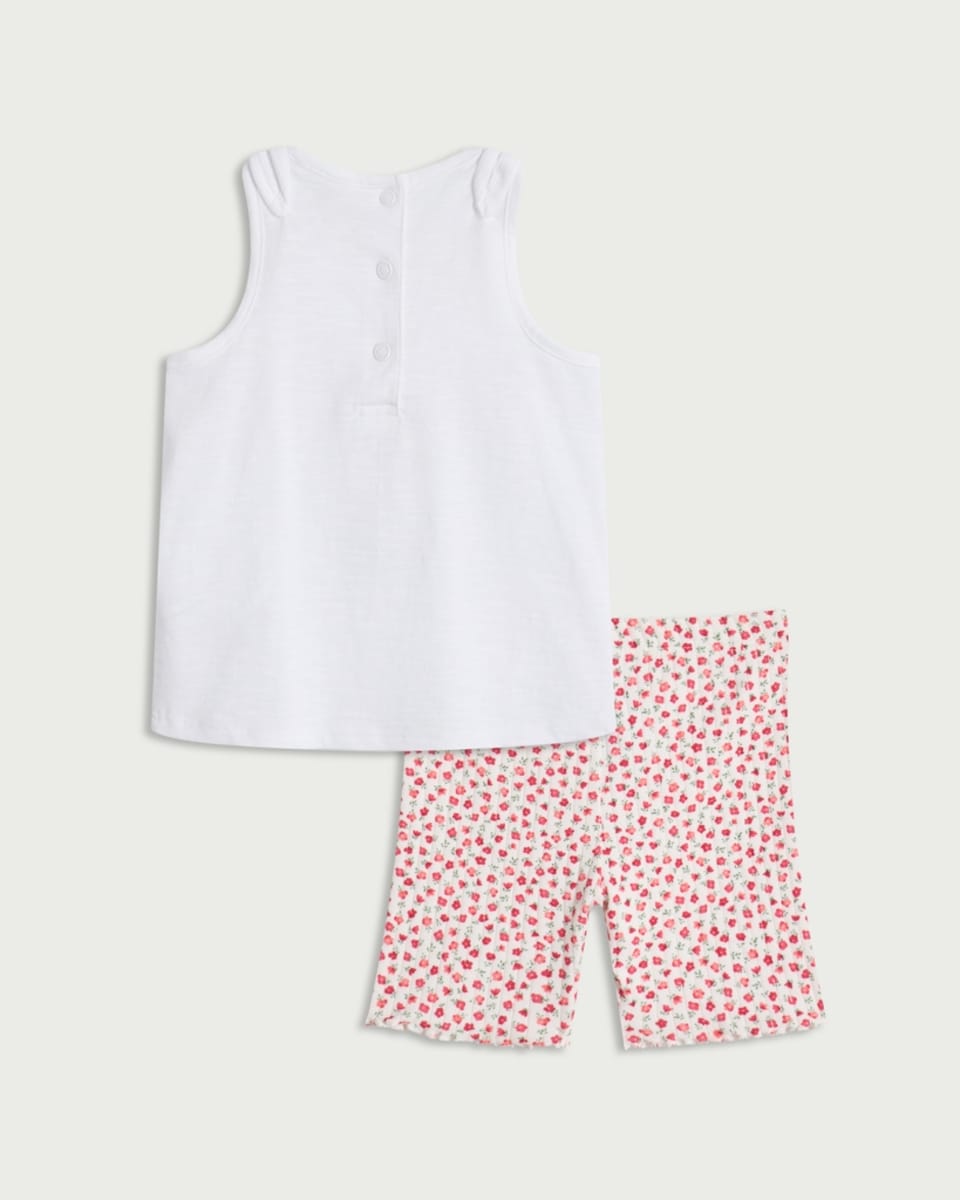 image 1 of F&F Baby 2-Piece Cotton Rich Flower Print Vest and Shorts Set in Multi White