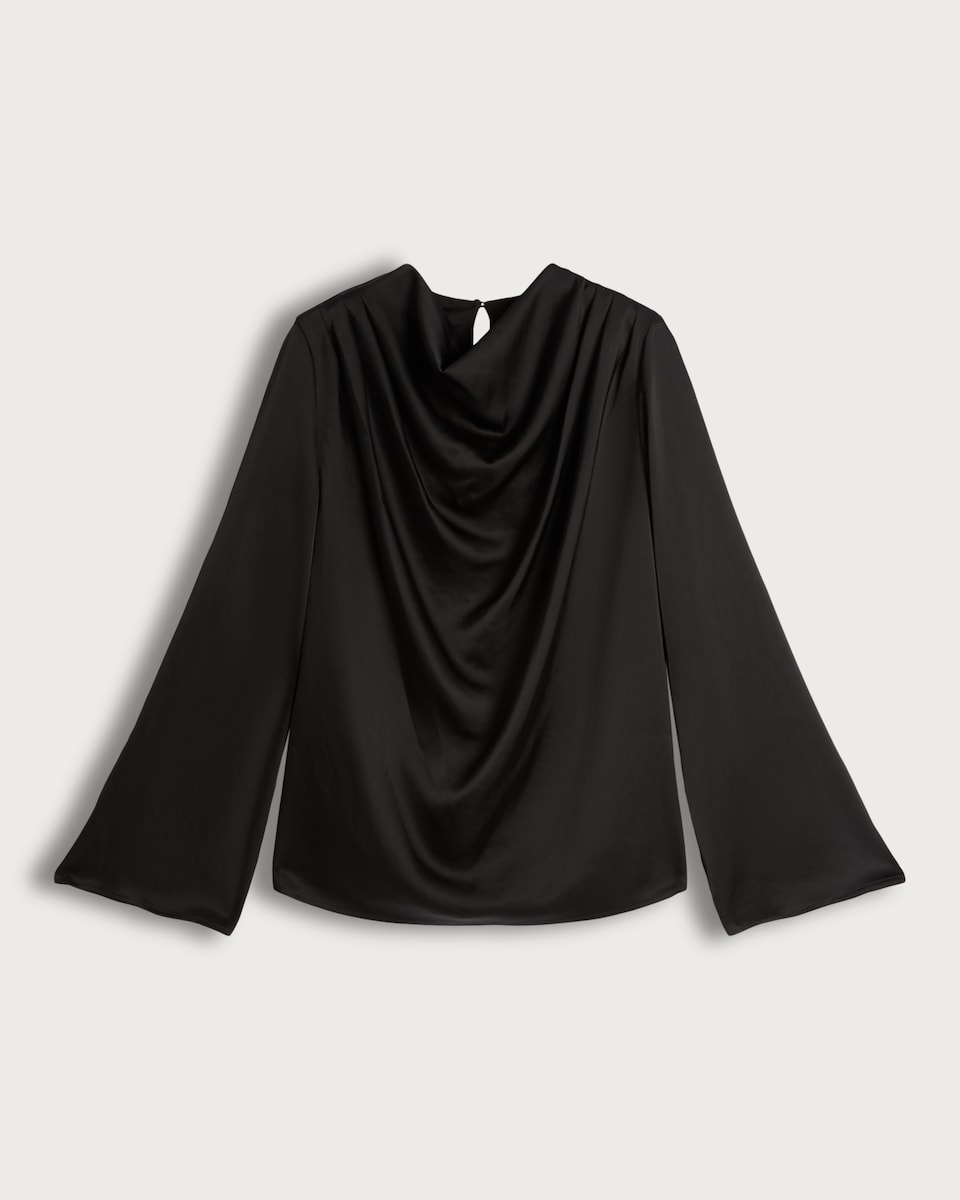 image 1 of F&F Satin Cowl Neck Long Sleeved Blouse in Black