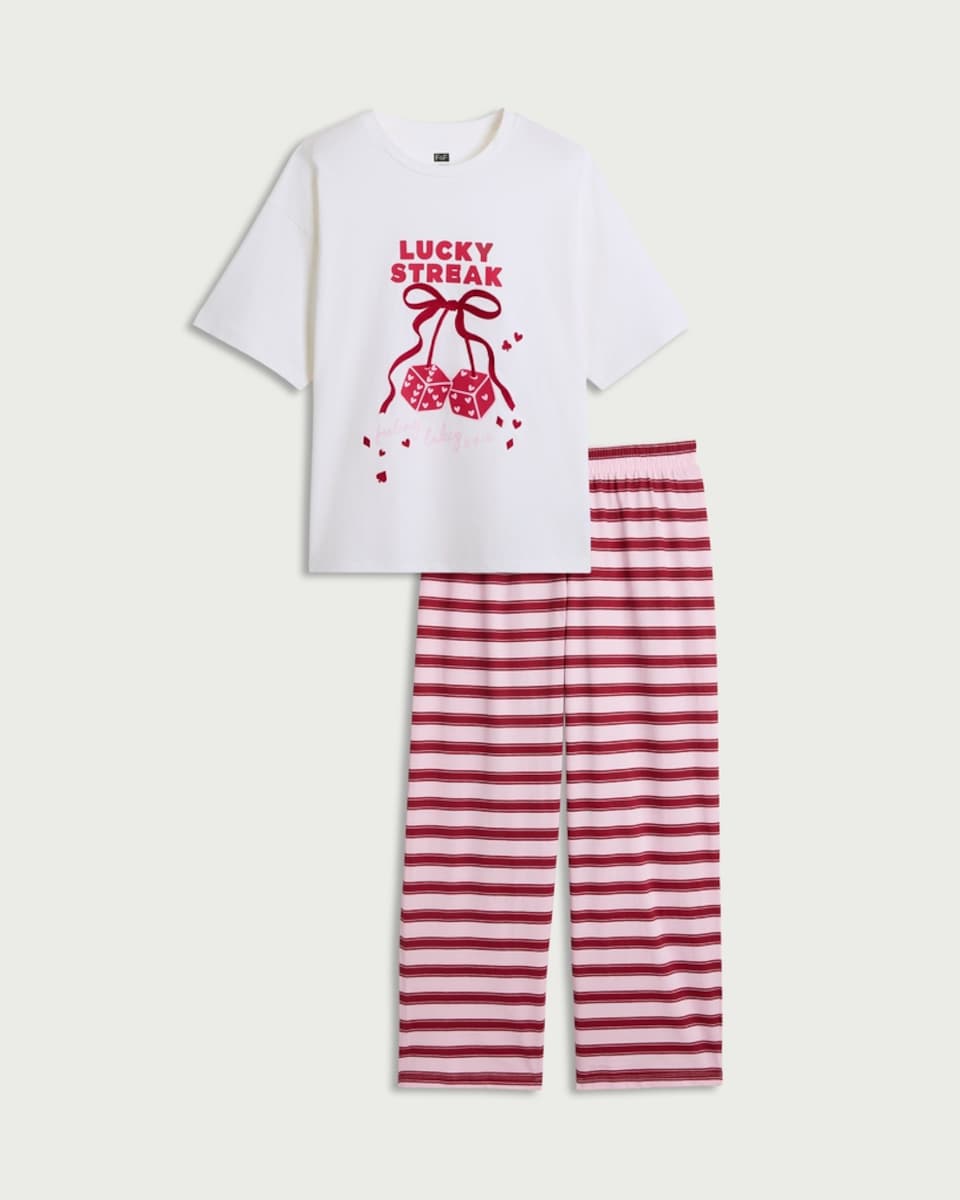 image 1 of F&F 2-Piece Pure Cotton Lucky Streak Pyjama Set in Multi