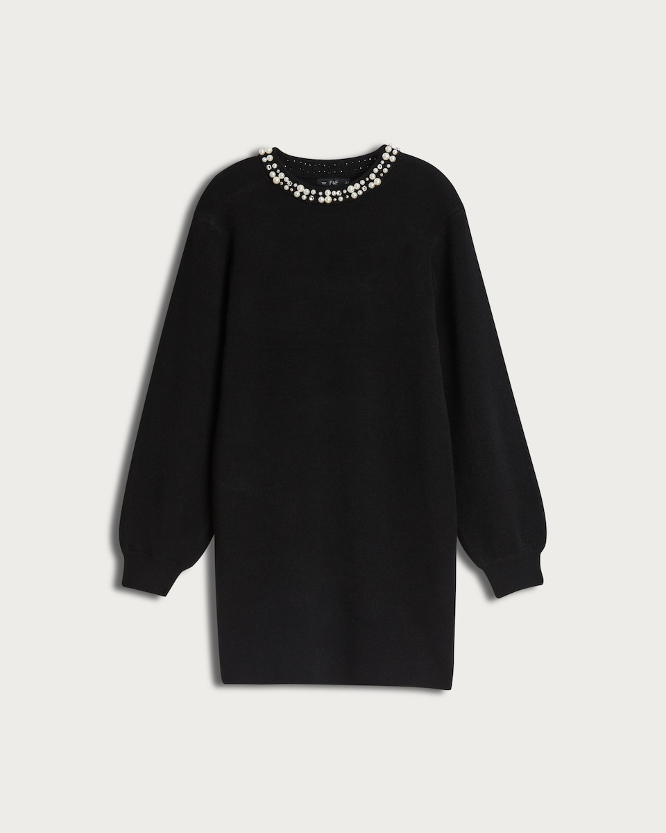 image 1 of F&F Pearl Embellished Trim Long Sleeved Mini Dress in Black