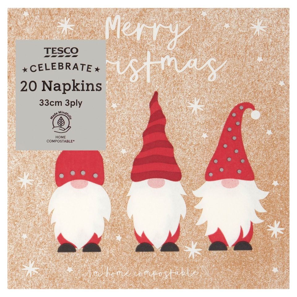 Tesco Santa Gnome Napkin 33Cm 3Ply 20 Pack