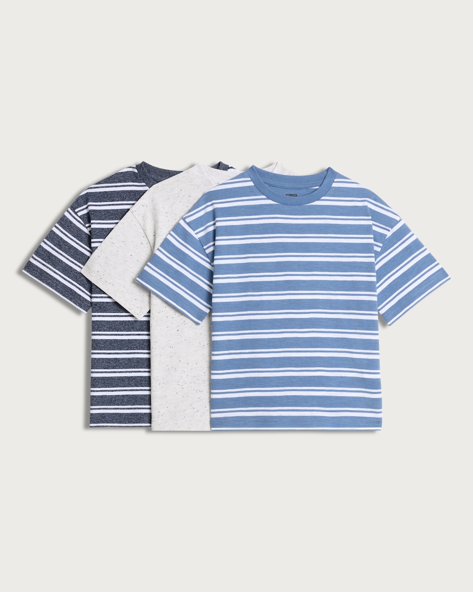 image 1 of F&F Boys 3-Pack Pure Cotton Stripe Short Sleeved T-Shirts in Blue