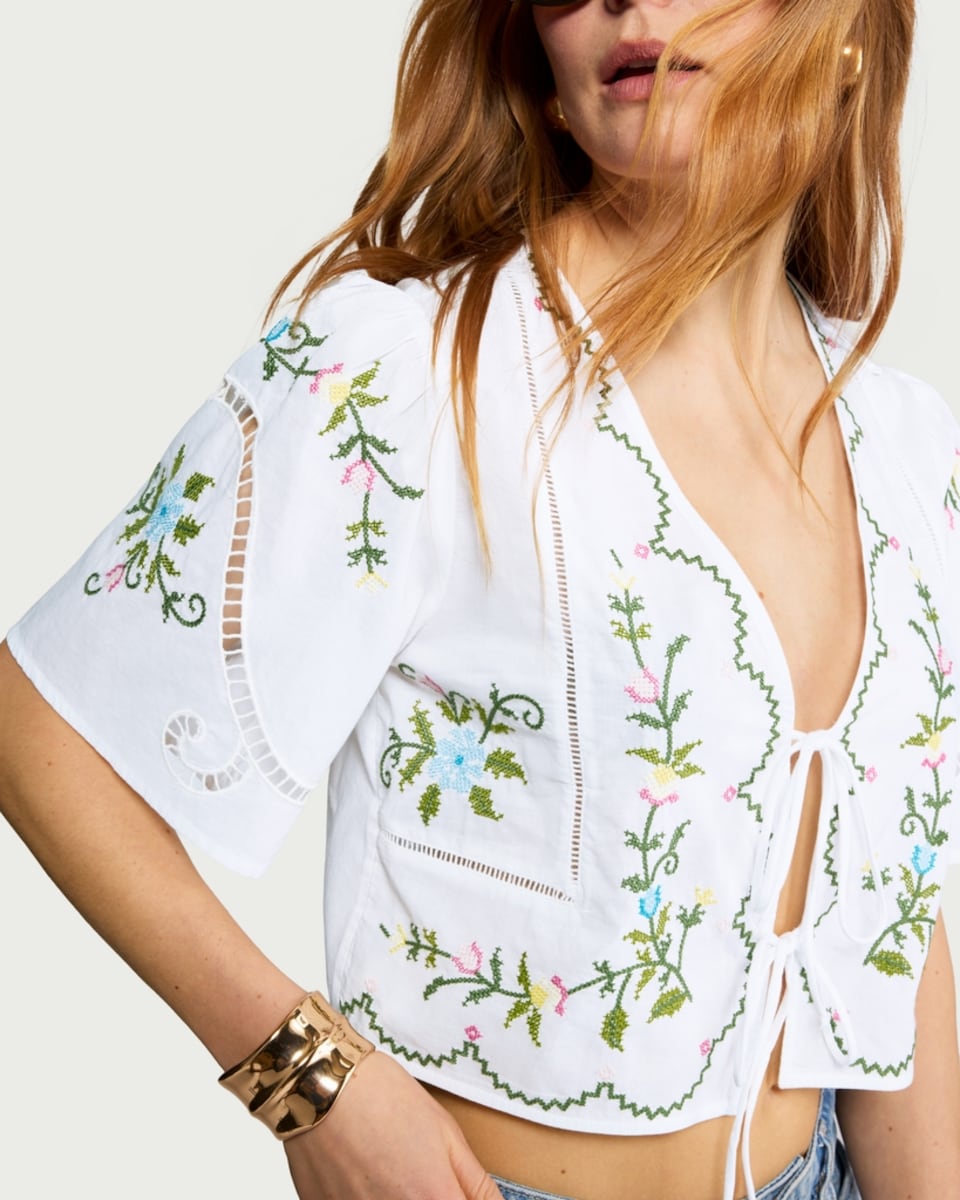image 1 of F&F Pure Cotton Floral Embroidered Tie Front Cropped Blouse in Multi White