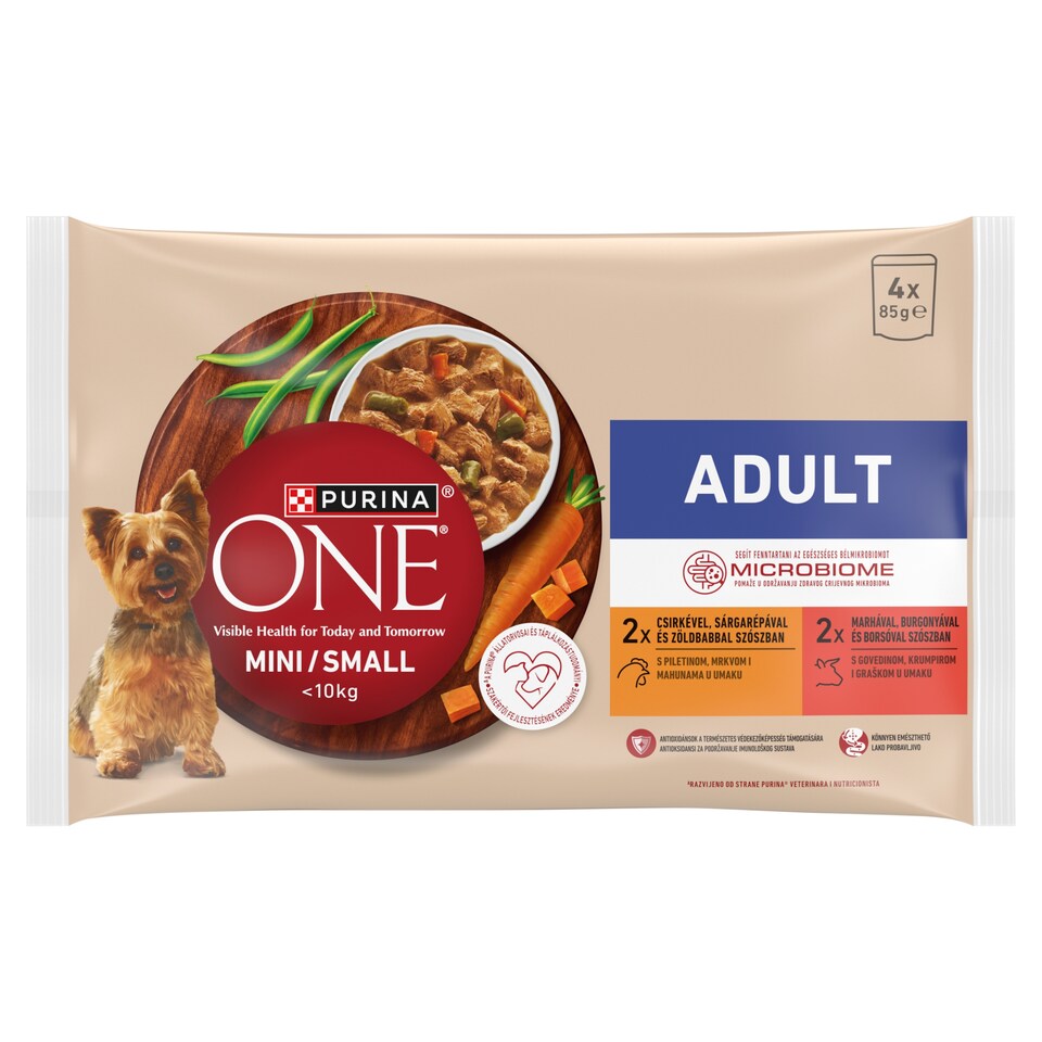 Purina One Mini teljes értékű állateledel mini és kistestű felnőtt kutyák számára 4 x 85 g (340 g)