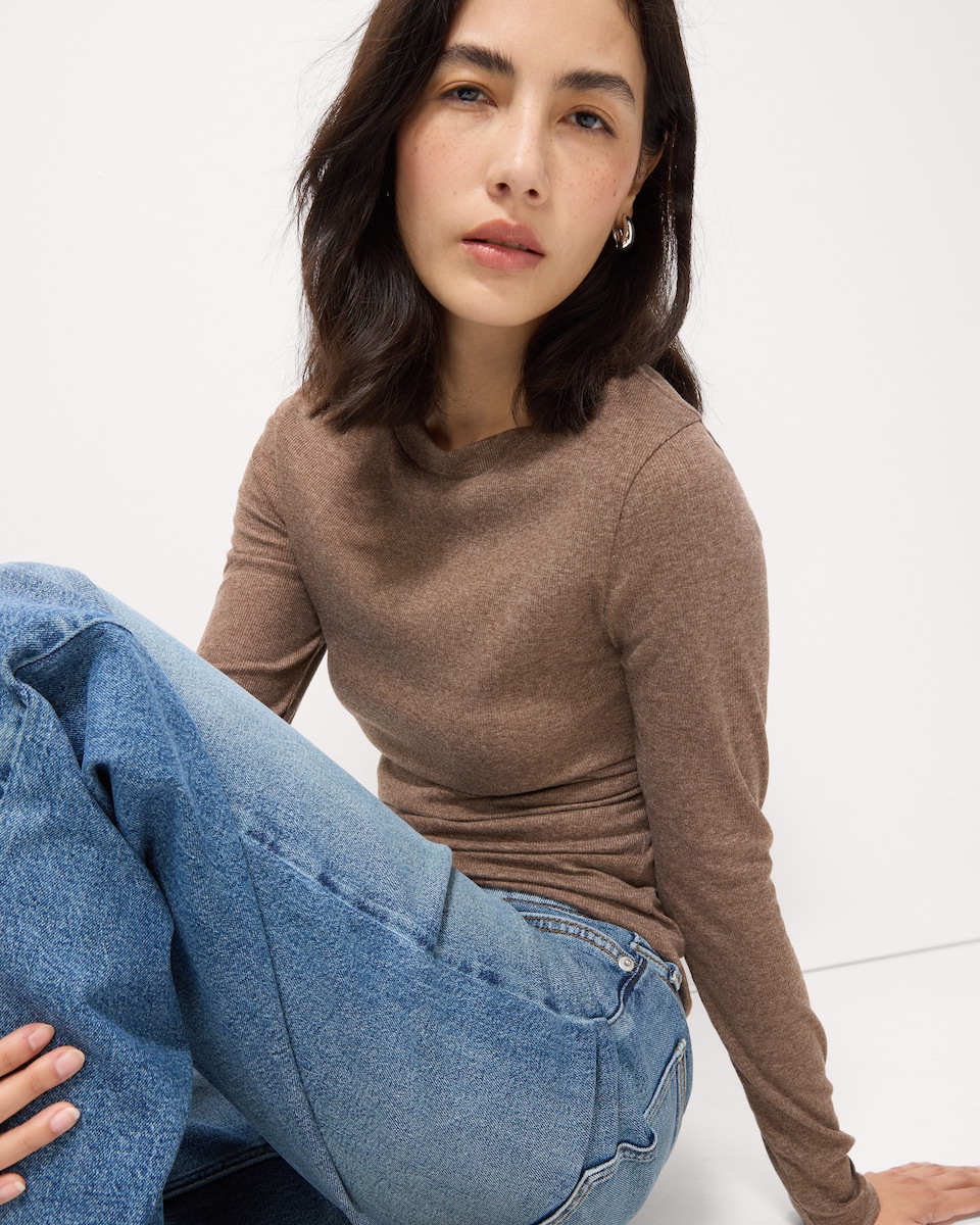 image 1 of F&F Cotton Rich Ribbed Long Sleeved Top in Neutral