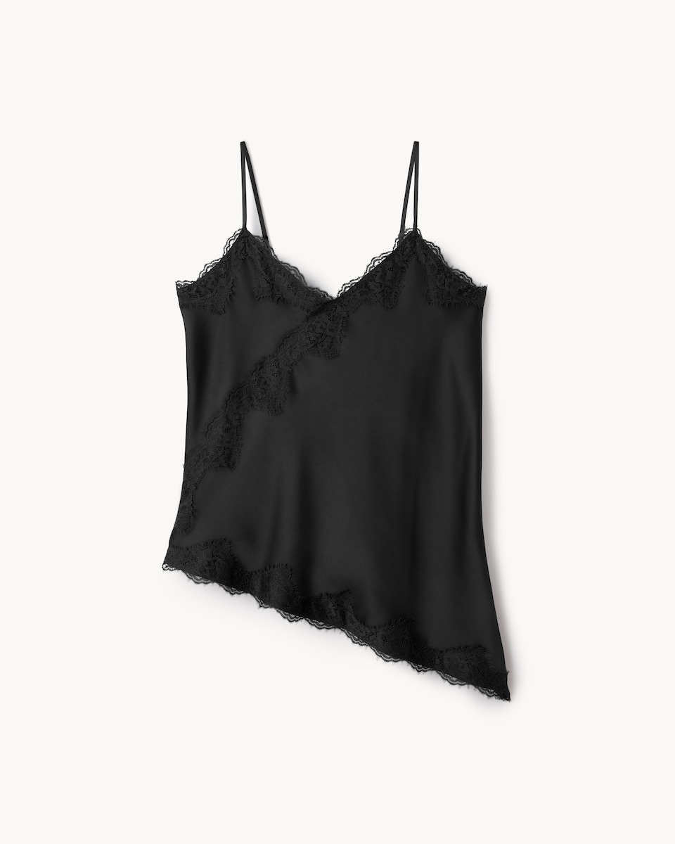 image 1 of F&F Satin Lace Trim Asymmetric Hem Cami Top in Grey