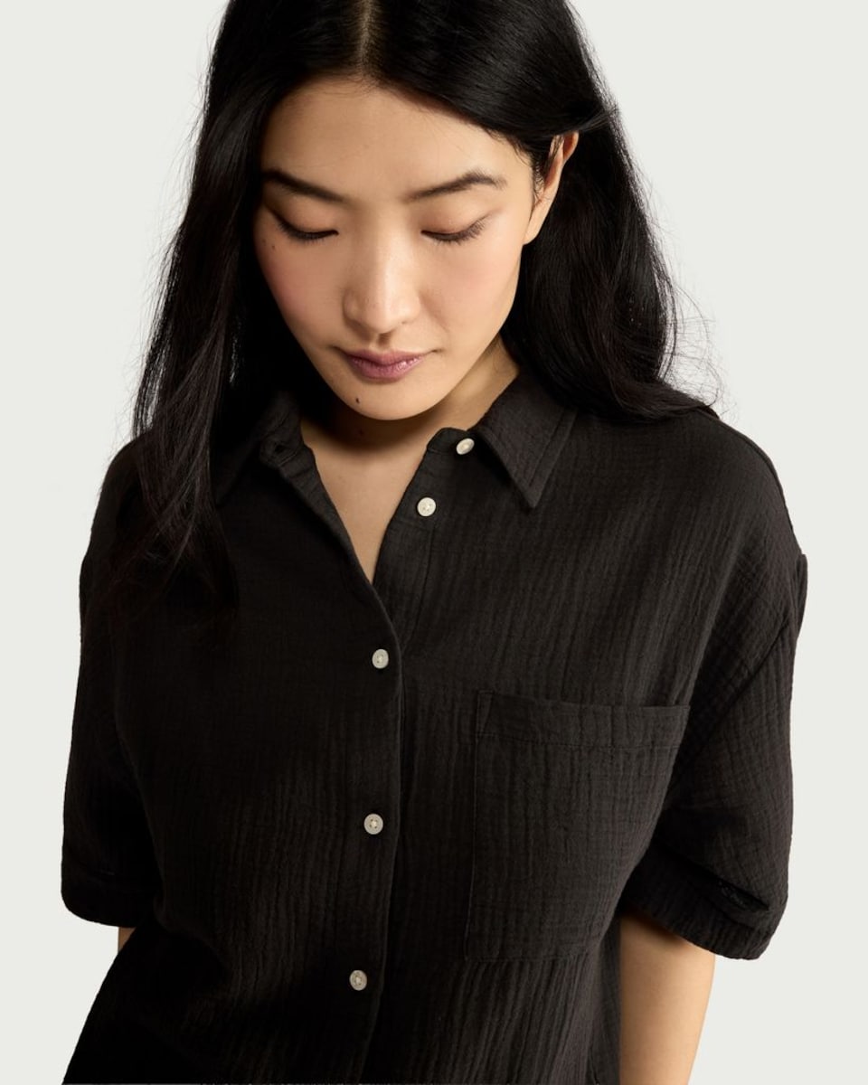 image 1 of F&F Pure Cotton Double Cloth Textured Button Up Pyjama Shirt in Black
