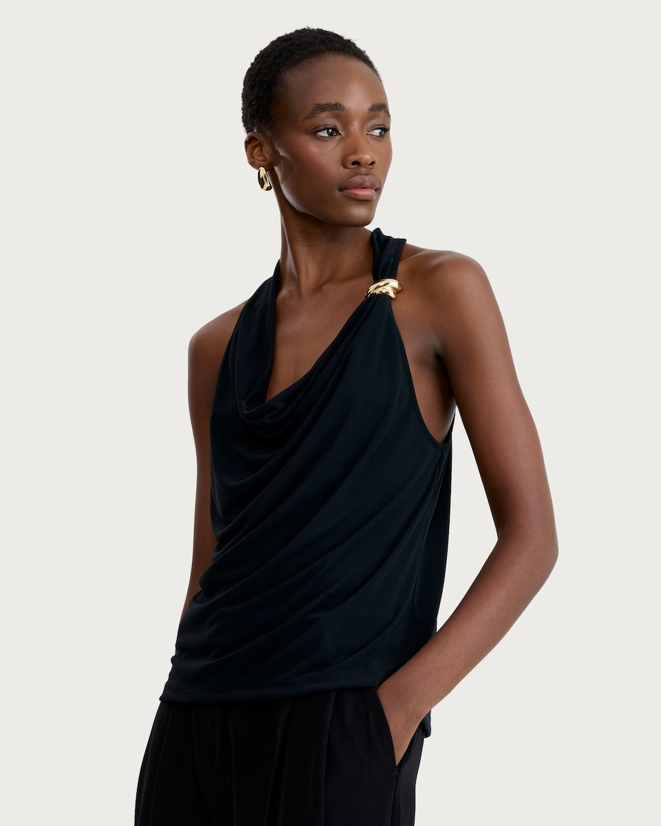 image 1 of F&F Cowl Neck Metal Accent Sleeveless Top in Black