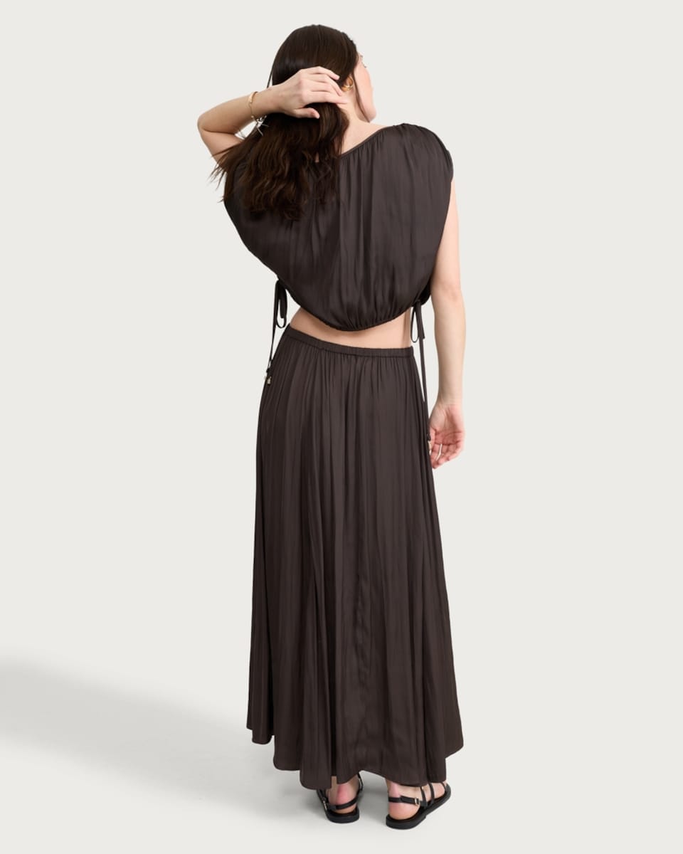 image 1 of F&F Satin Drawstring Waist Midi Skirt in Chocolate