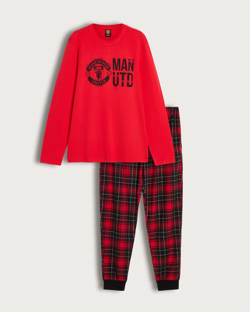 image 1 of Manchester United 2-Piece Top and Fleece Bottoms Pyjama Set in Red