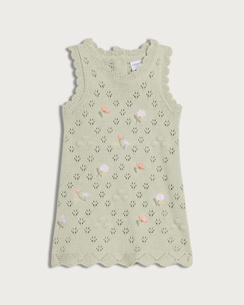 F&F Baby Pure Cotton Knitted Embroidered Sleeveless Dress in Green