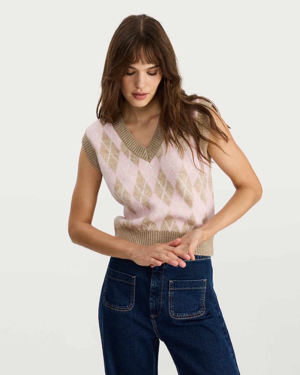image 1 of F&F Knitted V Neck Argyle Pattern Vest in Multi
