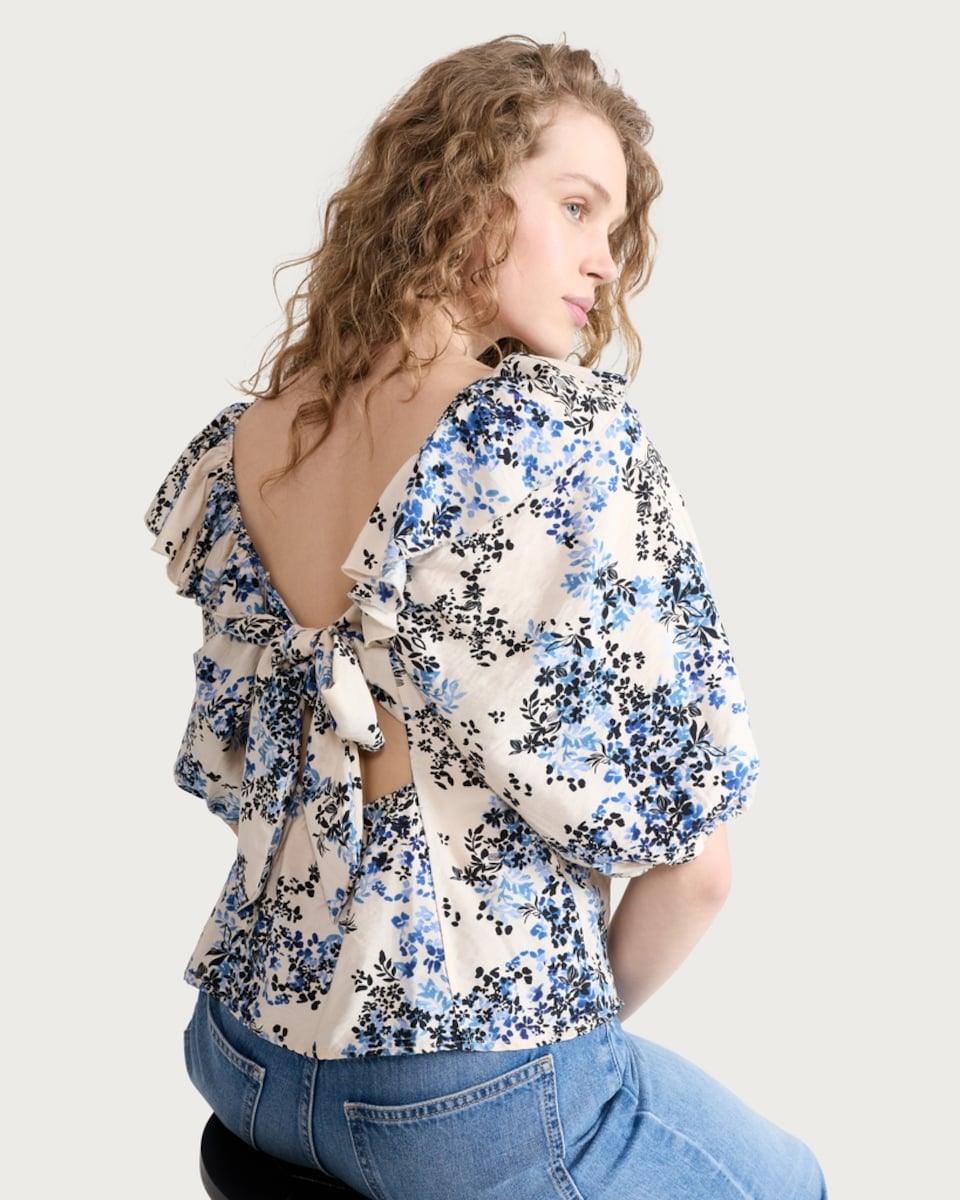 image 1 of F&F Floral Ruffle Detail Blouse in Multi Blue