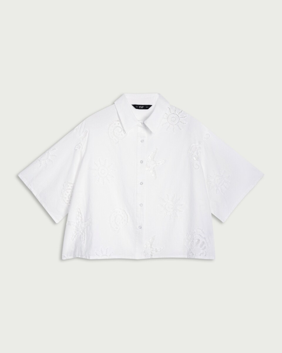 image 1 of F&F Pure Cotton Cutwork Co-ord Shirt in White