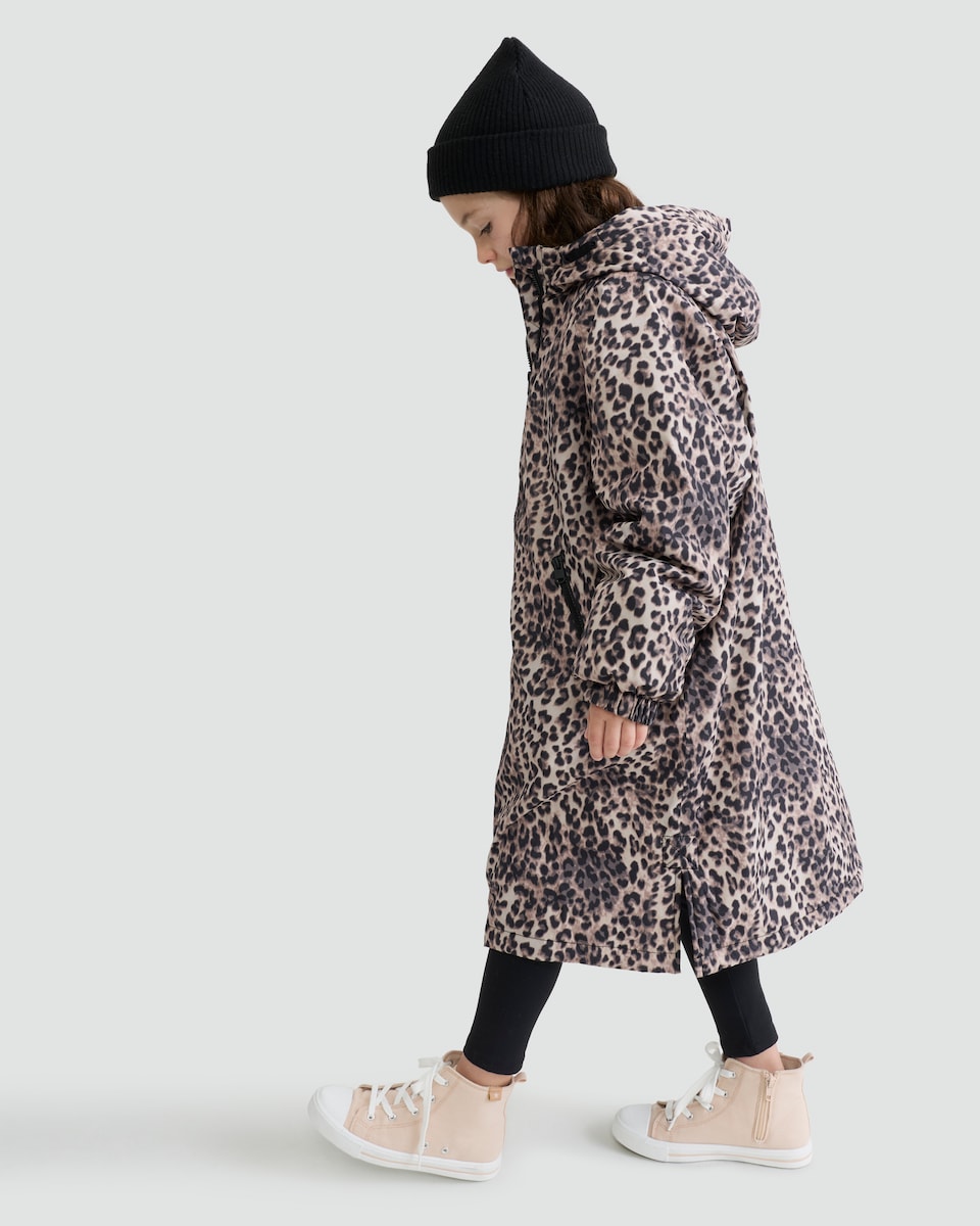 image 1 of F&F Active Girls Leopard Print Hooded Waterproof Coat in Multi Brown