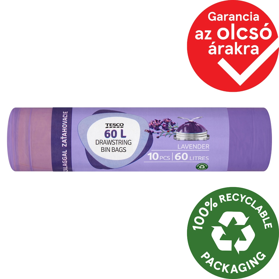 Tesco Levendula szemeteszsák zárószalaggal 60 l 10 db